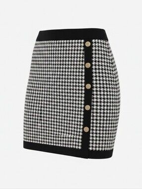 Michael Kors Navy and White Houndstooth Button-Trim Knit Skirt